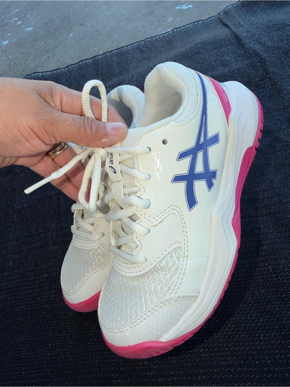 ASICS White Athletic Sneakers with Pink Outsole and Blue Logo